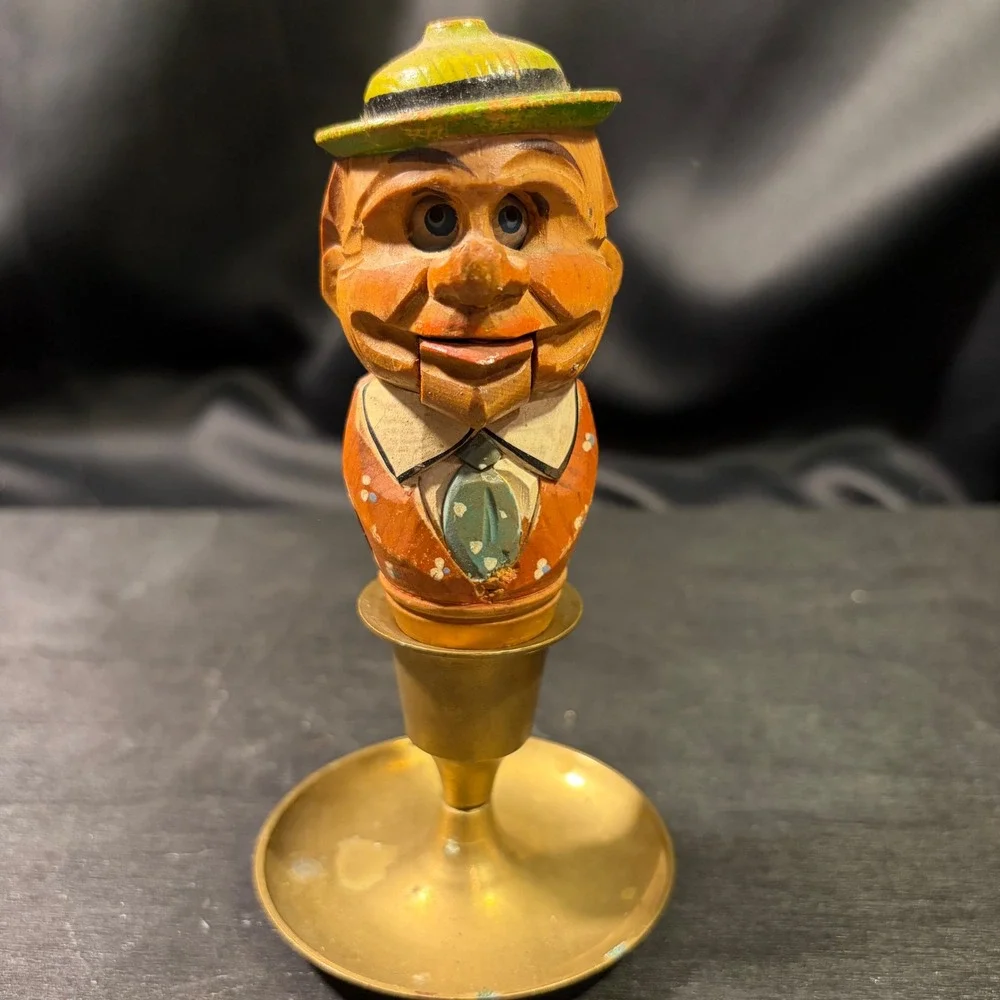 Vintage Hand Carved Wooden Mechanical Bottle Stopper Moving Jaw Man in Hat